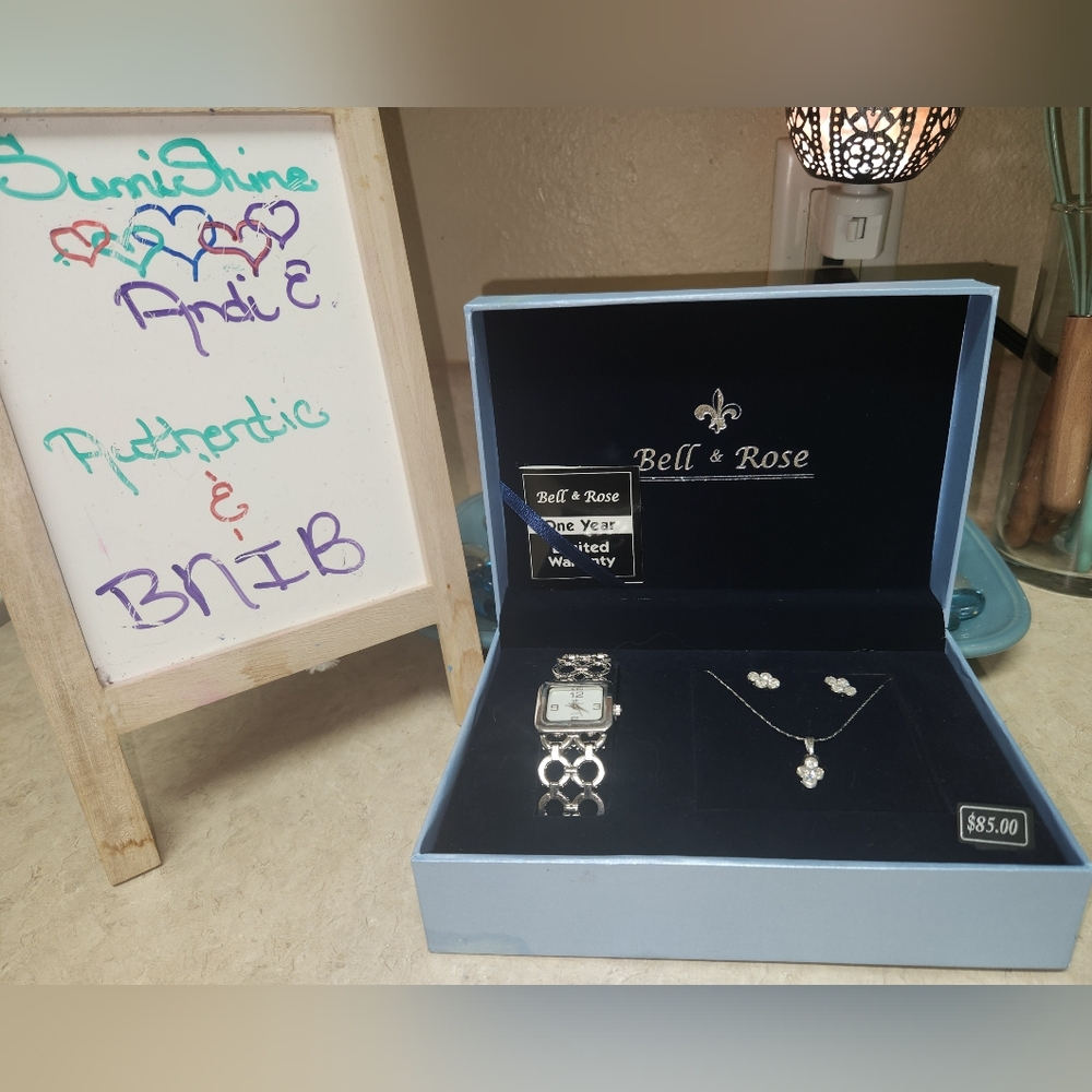 BELLA & ROSE 3-PC Jewelry Set (Watch, Earrings & Necklace), Silver ~ BNIB